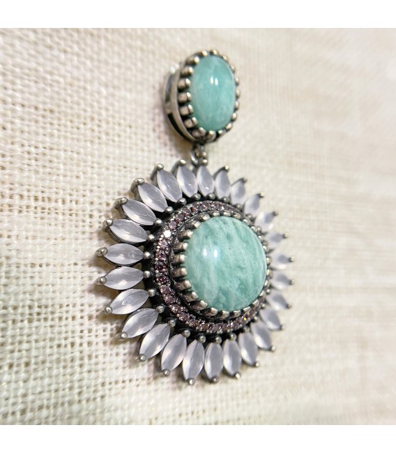 Colgante flor de plata de ley efecto envejecido con turquesas y circonitas 9188CLSPVA004.
